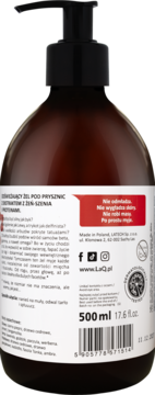 Tył brązowej butelki z pompką żelu LaQ Kawał Byka 500ml z proteinami, biała etykieta, polski tekst.