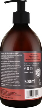 Tył ciemnobrązowej butelki LaQ Żel pod prysznic Zapach Seksu i Biznesu z kardamonem, widoczna etykieta 500ml.