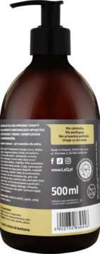 Tylna strona brązowej butelki żelu pod prysznic LaQ Bad Boy 8w1, 500 ml, z czarną pompką i opisem składników.