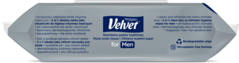Tył szarego opakowania Velvet for Men, nawilżany papier toaletowy 2w1 dla mężczyzn, z opisem właściwości.