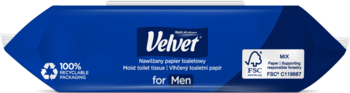 Niebieskie opakowanie nawilżanego papieru toaletowego Velvet for Men do higieny intymnej, widok z przodu.