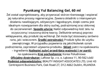 Szczegółowy opis produktu Pyunkang Yul Balancing Gel, 60 ml, na polskiej etykiecie z zastosowaniem i składem.