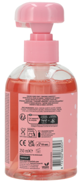 Tył różowej butelki grającego mydła Sence o zapachu pianek marshmallow, z widocznymi etykietami.