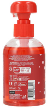 Tył butelki czerwonego mydła w płynie z pompką. Widoczna etykieta z listą składników, kodem kreskowym i symbolami.