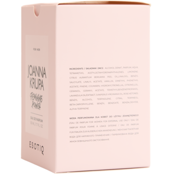 Perfumy Esotiq Joanna Krupa Feminine Power. Jasnoróżowe pudełko, widok z tyłu z listą składników.