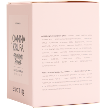 Tył różowego opakowania wody perfumowanej Esotiq Joanna Krupa Feminine Power z listą składników.