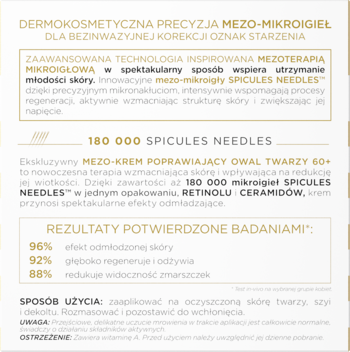 Panel informacyjny mezo-kremu 60+ z 180 000 mikroigieł, retinolem, ceramidami. Redukuje zmarszczki, ujędrnia.