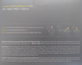 Tył opakowania Mediheal Madecassoside Blemish Pad z opisem produktu i instrukcją użycia w języku angielskim.