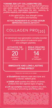 Tył różowego opakowania serum Yoskine Zen Lift Collagen Pro[20] z opisem składników aktywnych i działania liftingującego.