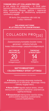 Yoskine Zen Lift Collagen Pro[20]: szczegółowy opis i aktywne składniki kremu na różowym panelu informacyjnym.