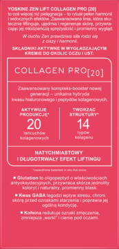 Tył różowego opakowania kremu Yoskine Zen Lift Collagen Pro[20] z detalami składu i właściwości kosmetyku.