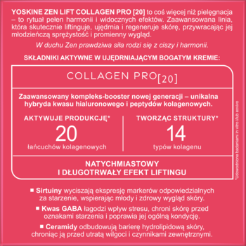 Grafika YOSKINE ZEN LIFT COLLAGEN PRO [20]: peptydy aktywujące 20 łańcuchów i 14 typów kolagenu.