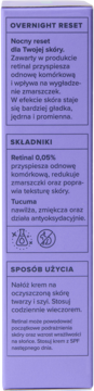 Bok fioletowego opakowania KLOO Overnight Reset Night Cream z opisem retinalu 0.05% i sposobu użycia.