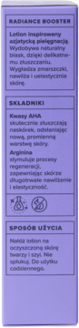 Fioletowe opakowanie lotionu KLOO Radiance Booster, widok z boku z polskim opisem składników (AHA, Arginina).