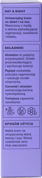 Fioletowa etykieta kremu KLOO Day & Night z opisem składników (Glutation, Peptyd) i sposobu użycia produktu.