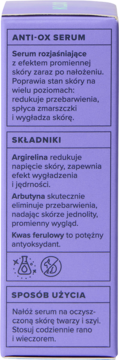 Boczny panel fioletowego opakowania KLOO Anti-Ox Serum rozjaśniającego z opisem składników i sposobu użycia.