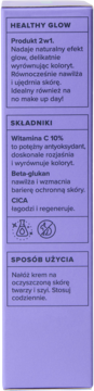 Krem KLOO Healthy Glow, fioletowe opakowanie. Widok bocznego panelu z opisem, składem (wit. C 10%) i użyciem.
