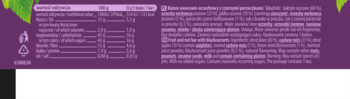 Tył opakowania batonu Dobra Kaloria z nerkowców i porzeczek, fioletowe tło, tabela wartości odżywczych i opis.