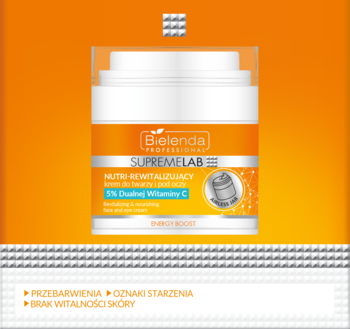 Bielenda SupremeLab Energy Boost, nutri-rewitalizujący krem 5% witaminy C do twarzy i oczu, biały słoik na pomarańczowym tle.