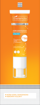 Bielenda Professional SupremeLab Hydro-rewitalizujący krem ochronny SPF 50 z Tetra-Vit C. Pomarańczowa tubka, widok z przodu.