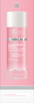 Widok z przodu różowej butelki Bielenda Supremelab Double Relief Essence, dwufazowej esencji kojąco-łagodzącej.
