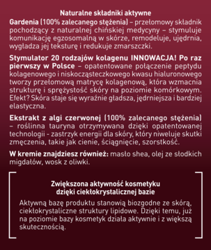 Opis składników aktywnego kremu Gardenia kolagenowego: peptydy kolagenowe, gardenia, algi na ciemnym tle.