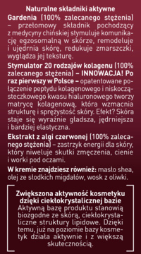 Etykieta kremu pod oczy Gardenia, czerwona z białym tekstem o aktywnych składnikach: kolagen, gardenia, algi.