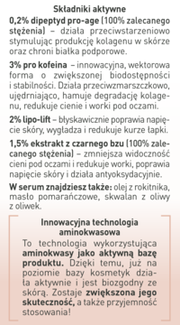 Zbliżenie na tekst o składnikach aktywnych serum UZDROVISCO EYE FUSION i technologii aminokwasowej.