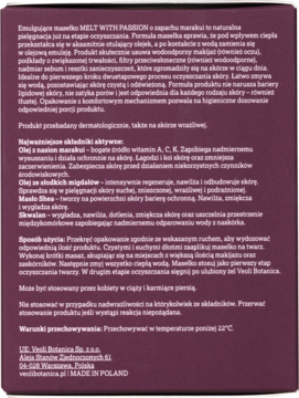 Tył ciemnofioletowego opakowania masełka do demakijażu Veoli Botanica Melt With Passion z polskim opisem.