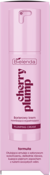 Bielenda Cherry Plump Plumping Cream, różowe opakowanie z pompką, widok z przodu, pionowy napis.