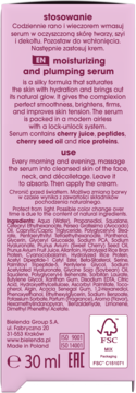 Tył różowego opakowania serum Bielenda Cherry Plump 30 ml z opisem, składem i certyfikatami.
