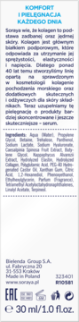 Soraya serum przeciwzmarszczkowe 30 ml. Tył białego opakowania z opisem składników i niebieskim tekstem.