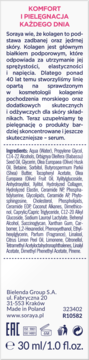 Tył opakowania serum Soraya. Biała etykieta z polskim opisem produktu, składem i pojemnością 30ml.