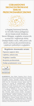 Panel informacyjny Ceramidowego Serum Przeciwzmarszczkowego: złote logo, opis wygładzający zmarszczki, nadający blask, lista składników.