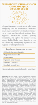 Opis serum Dermika Luxury Ceramides, biała etykieta ze złotym napisem i składem INCI, widok z przodu.