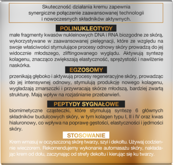 Tył kremu Dermika Imperial: beżowe tło, opis składników: polinukleotydy, egzosomy, peptydy sygnałowe.