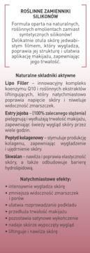 Panel tekstowy na różowym tle: roślinne zamienniki silikonów, składniki aktywne i efekty bazy pod makijaż.