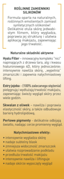 Baza pod makijaż: tekst o roślinnych zamiennikach silikonów, składnikach i efektach, tło gradientowe.