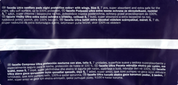 Tekst z opakowania Facelle podpaski Ultra Extra nocne ze skrzydełkami, rozmiar 5. Super chłonne, ciemnoniebieskie tło.