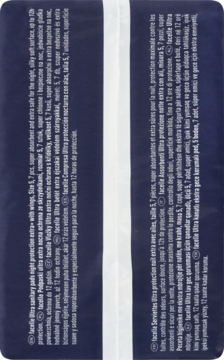 Tył opakowania podpasek Facelle Ultra Extra, nocnych, ze skrzydełkami, rozmiar 5, wielojęzyczny opis.