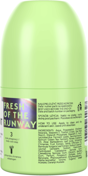Tył jasnozielonego antyperspirantu roll-on Fresh of the Runway ze składem i instrukcją użycia.