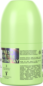 Tył jasnozielonego roll-onu FRESH OF THE RUNWAY, widoczny skład i instrukcja użycia produktu.