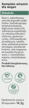 Tył opakowania kompleksu witamin dla wegan z listą składników, bezglutenowy, bez laktozy, certyfikaty.