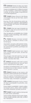 Instrukcja użycia toniku w wielu językach, czarny tekst na białym tle, pionowy układ.