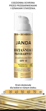 JANDA krem SPF 50 Rozjaśniacz Przebarwień z witaminą C, złota butelka dla kobiet 20-80 lat.