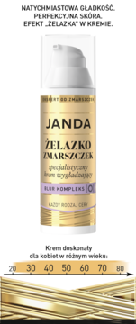 JANDA ŻELAZKO ZMARSZCZEK krem wygładzający z efektem blur, złota butelka z pompką, front, dla kobiet 20-80 lat.