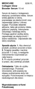 Etykieta MEDICUBE Collagen Glow Booster Serum 15ml, z polskim opisem: kolagen, elastyna, proteiny mleka. Widok na tekst.