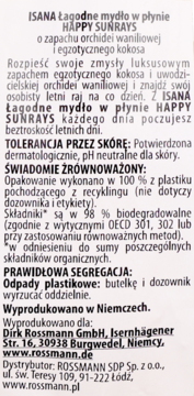 Tył mydła Isana Happy Sunrays, widoczne szczegóły o recyklingu, składnikach biodegradowalnych i pH neutralnym.