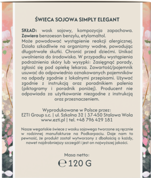 Tył opakowania świecy sojowej Simply Elegant 120g, beżowa etykieta z instrukcjami, składem i ostrzeżeniami.