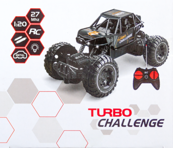Zdalnie sterowany samochód terenowy RC Turbo Challenge 1:20, ciemnoszary z pilotem, widok z boku na białym tle.